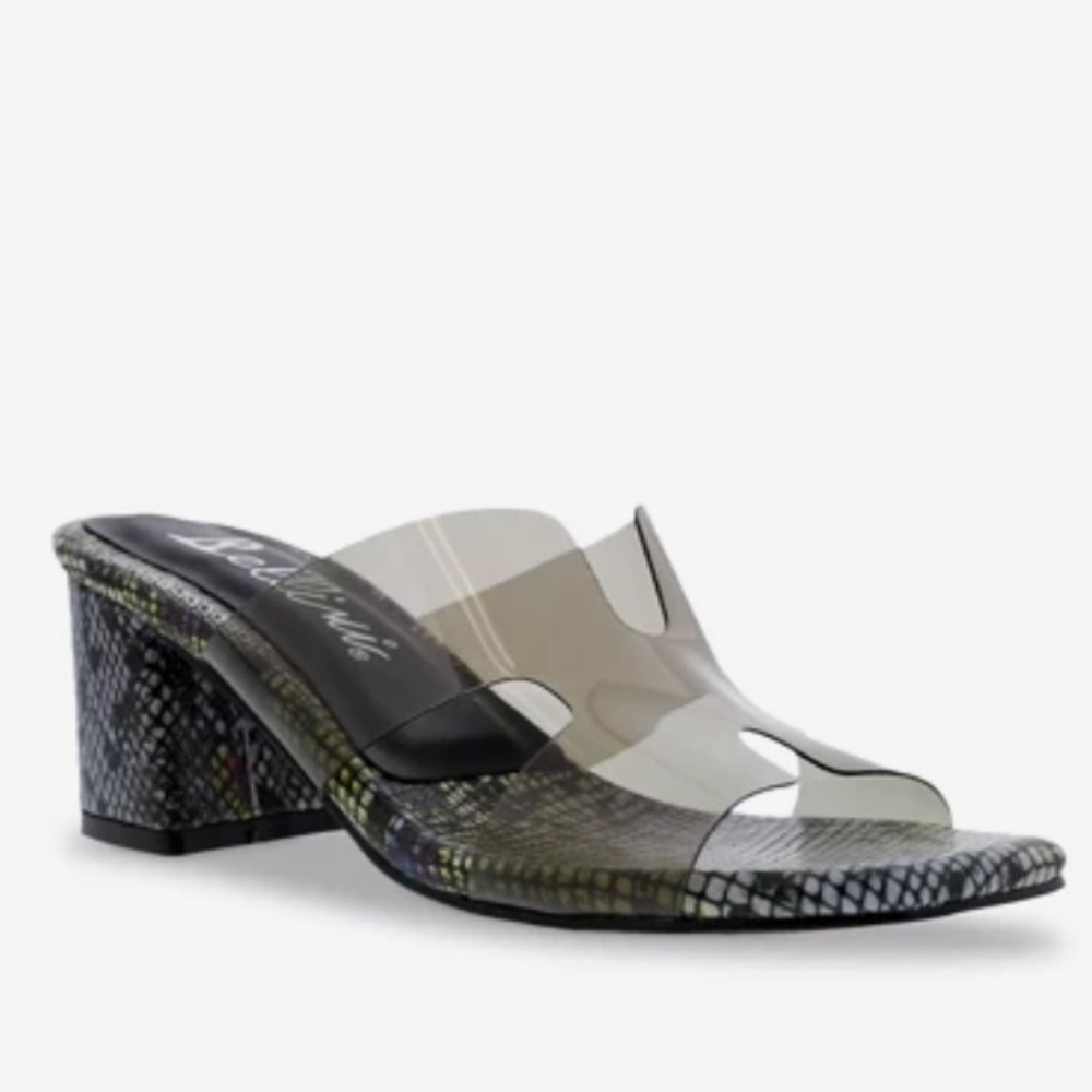 Bellini Faze slide sandal clear and snakeskin block heel size 9W